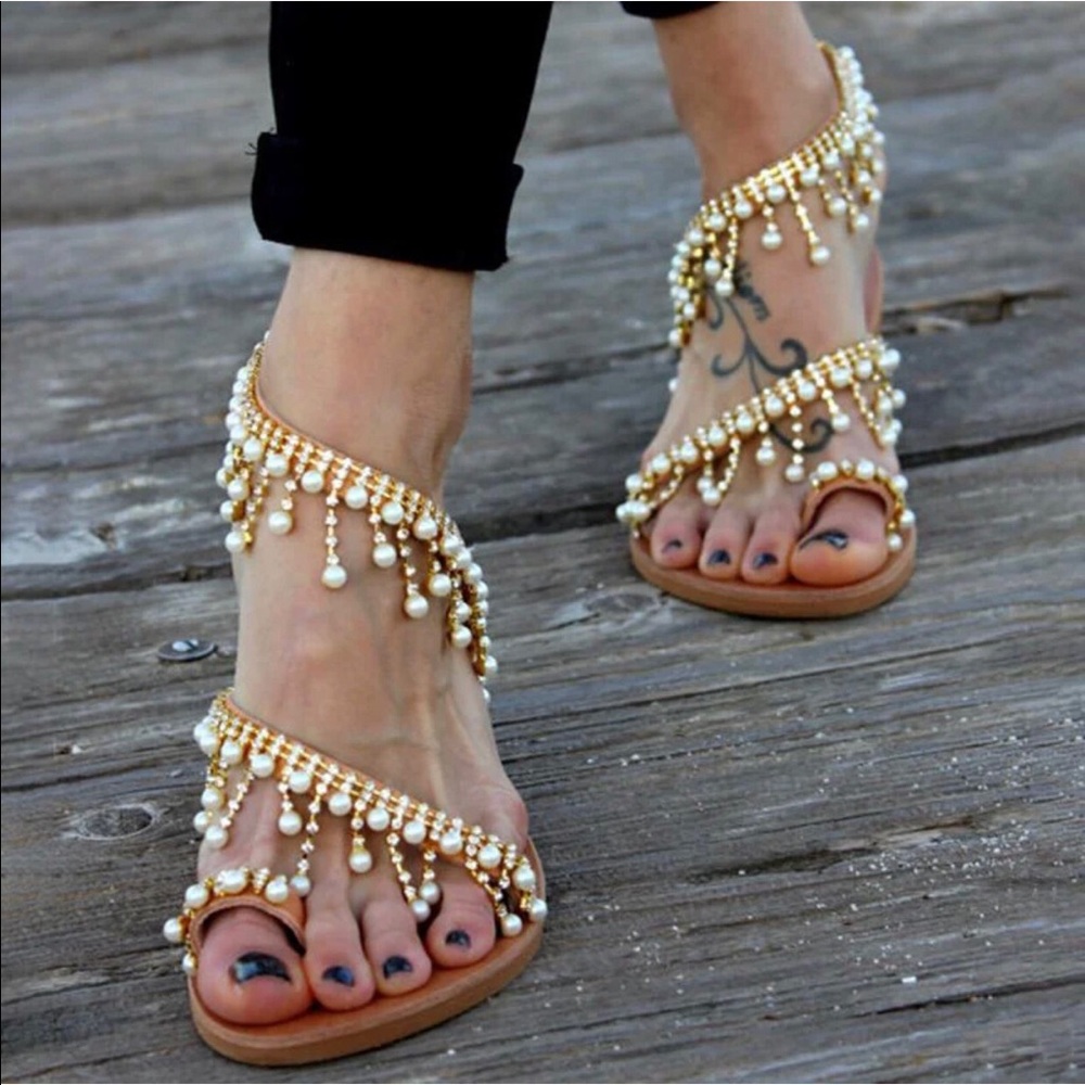 Women Leather Sandals Casual Pearls Daily Shoes 11 - Picture 2 of 3
